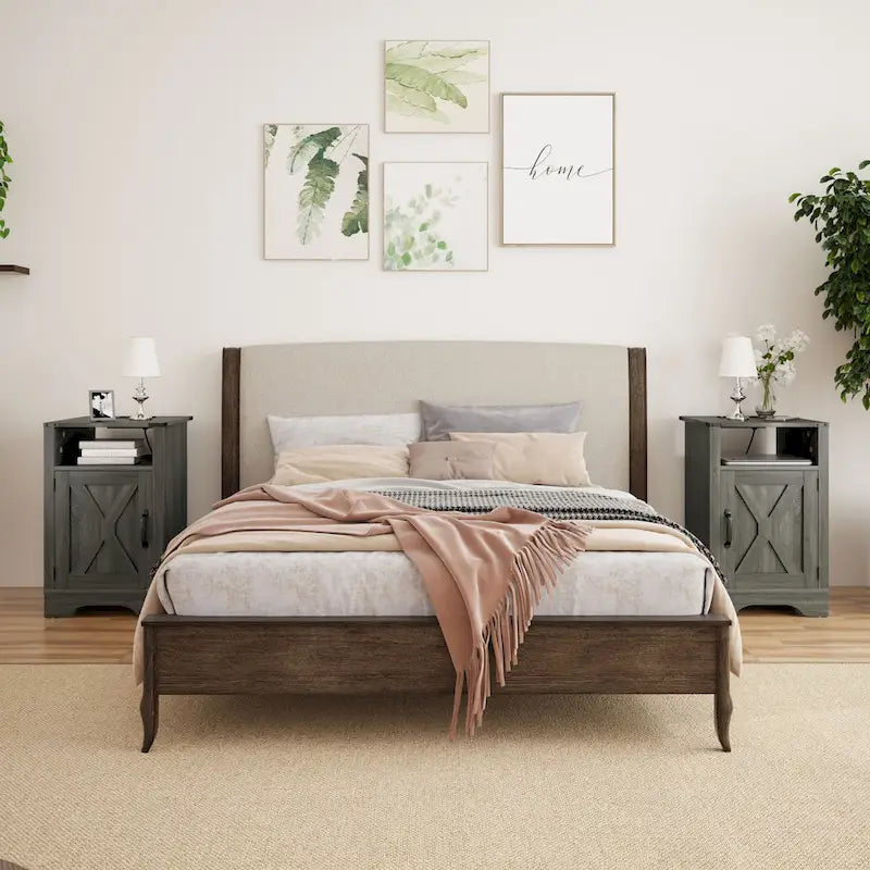Table de chevet de style campagnard avec station de recharge et porte coulissante de style grange (lot de 2)