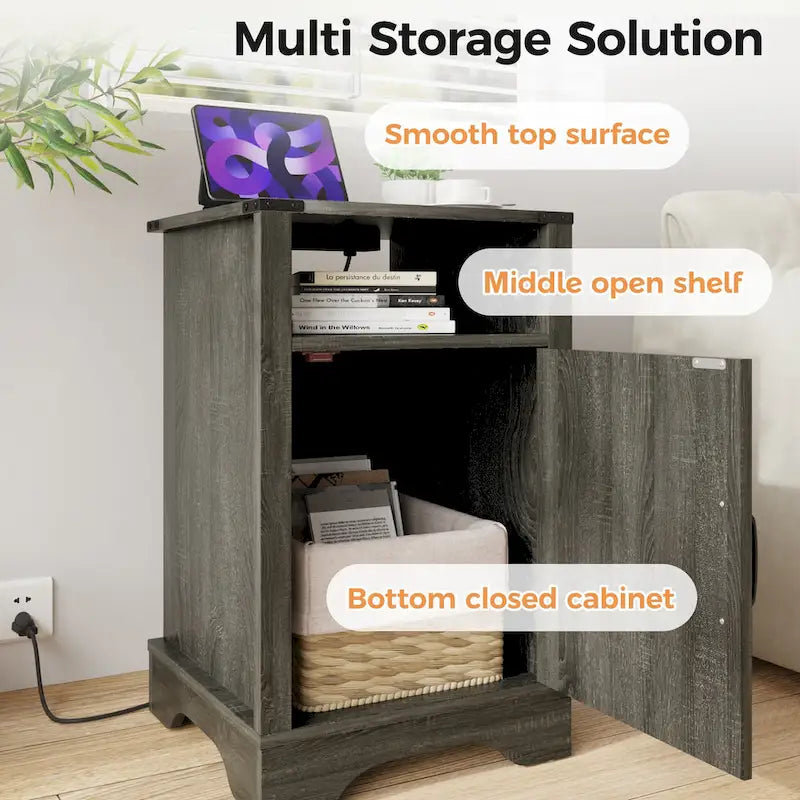 Table de chevet de style campagnard avec station de recharge et porte coulissante de style grange (lot de 2)