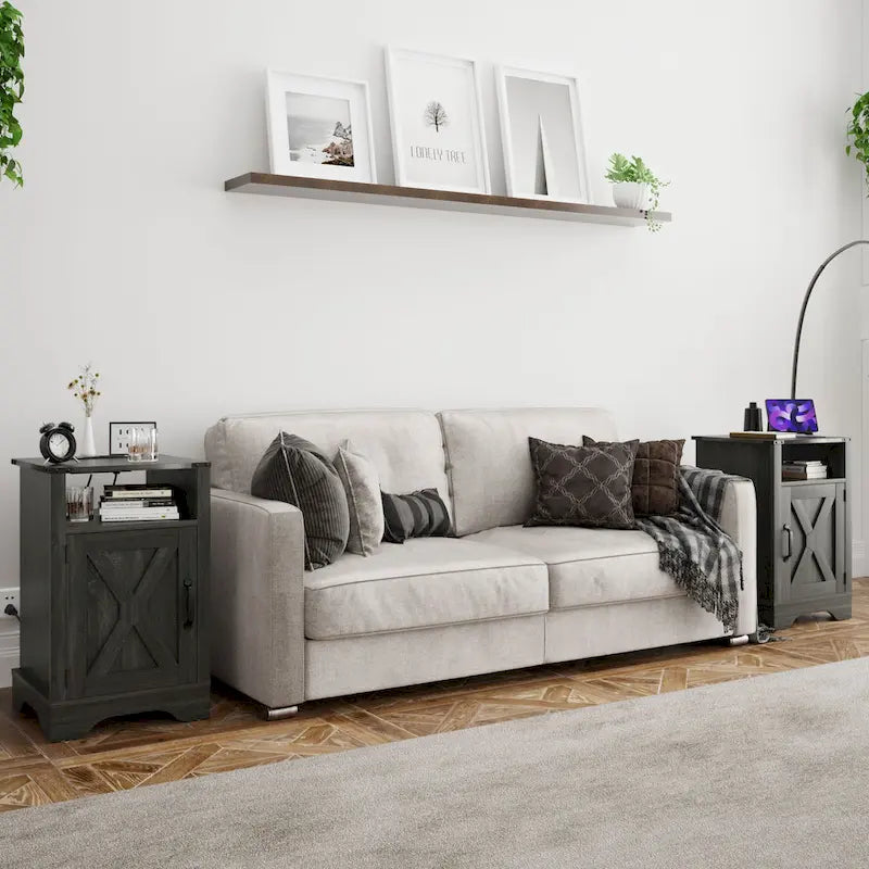 Table de chevet de style campagnard avec station de recharge et porte coulissante de style grange (lot de 2)
