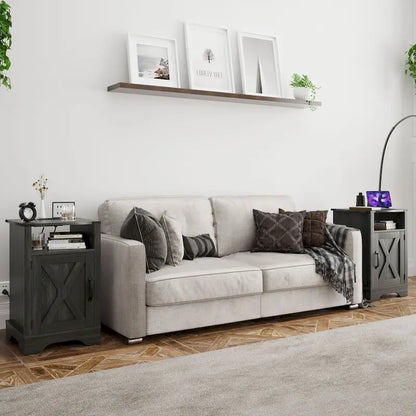 Table de chevet de style campagnard avec station de recharge et porte coulissante de style grange (lot de 2)