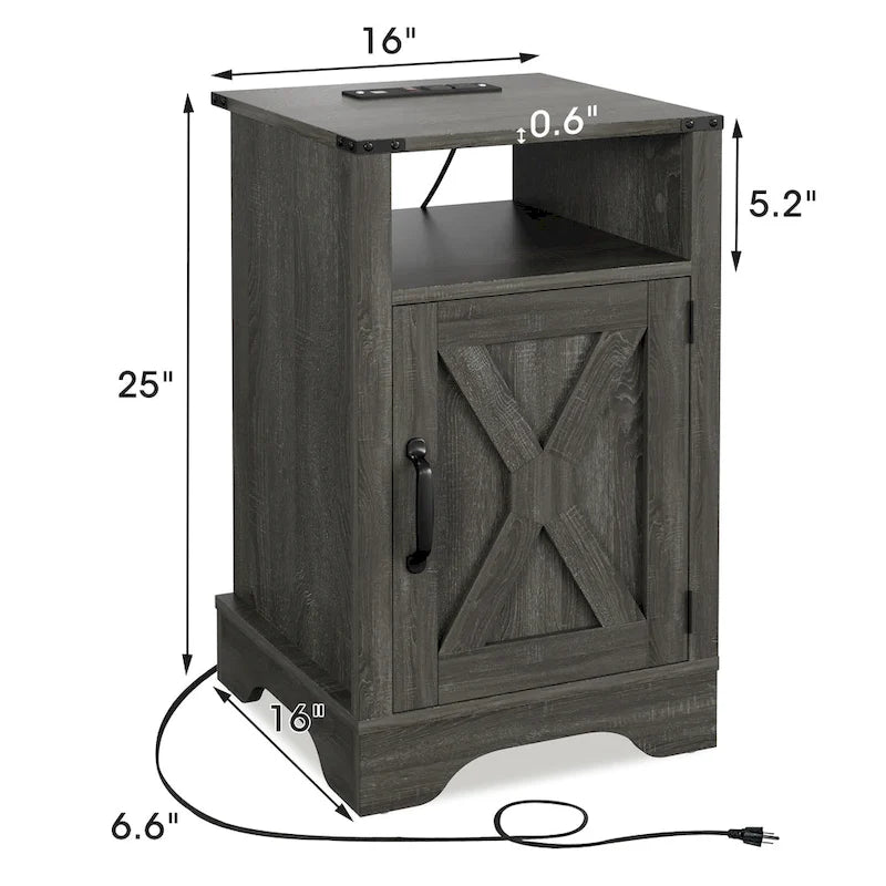 Table de chevet de style campagnard avec station de recharge et porte coulissante de style grange (lot de 2)