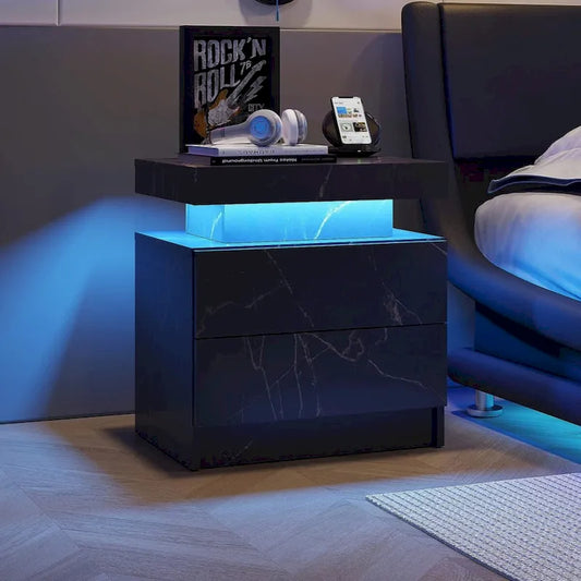 Table de chevet moderne avec éclairage LED et 2 tiroirs pour chambre à coucher