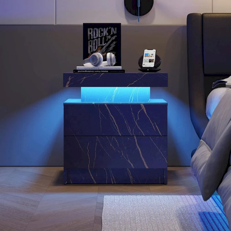 Table de chevet moderne avec éclairage LED et 2 tiroirs pour chambre à coucher