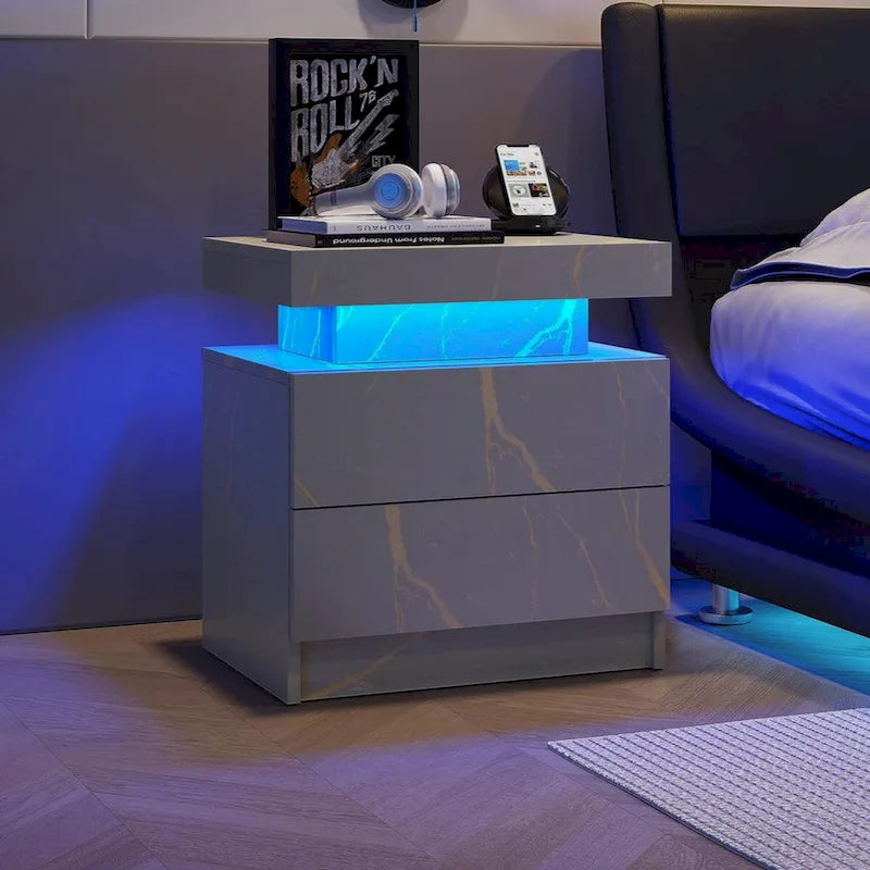 Table de chevet moderne avec éclairage LED et 2 tiroirs pour chambre à coucher