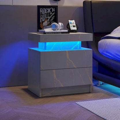 Table de chevet moderne avec éclairage LED et 2 tiroirs pour chambre à coucher