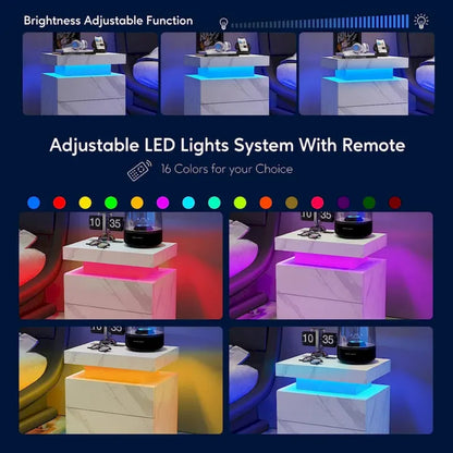 Table de chevet moderne avec éclairage LED et 2 tiroirs pour chambre à coucher