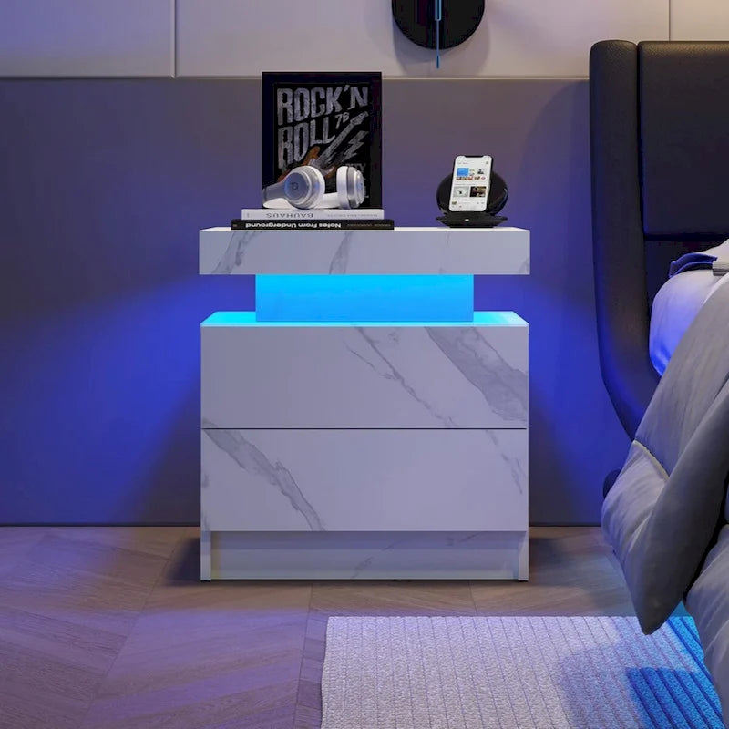 Table de chevet moderne avec éclairage LED et 2 tiroirs pour chambre à coucher