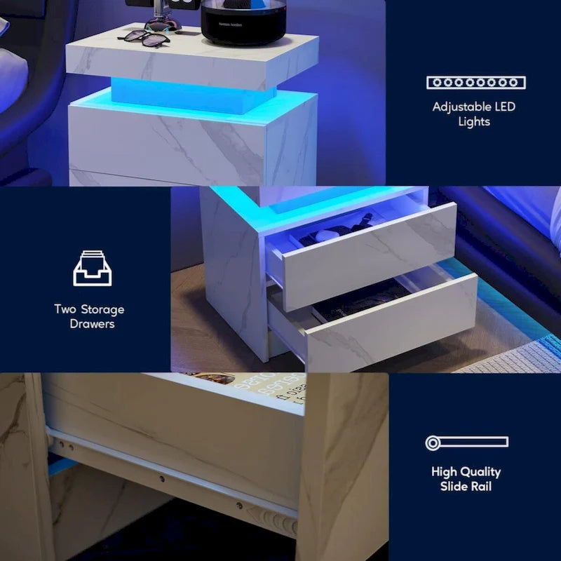 Table de chevet moderne avec éclairage LED et 2 tiroirs pour chambre à coucher