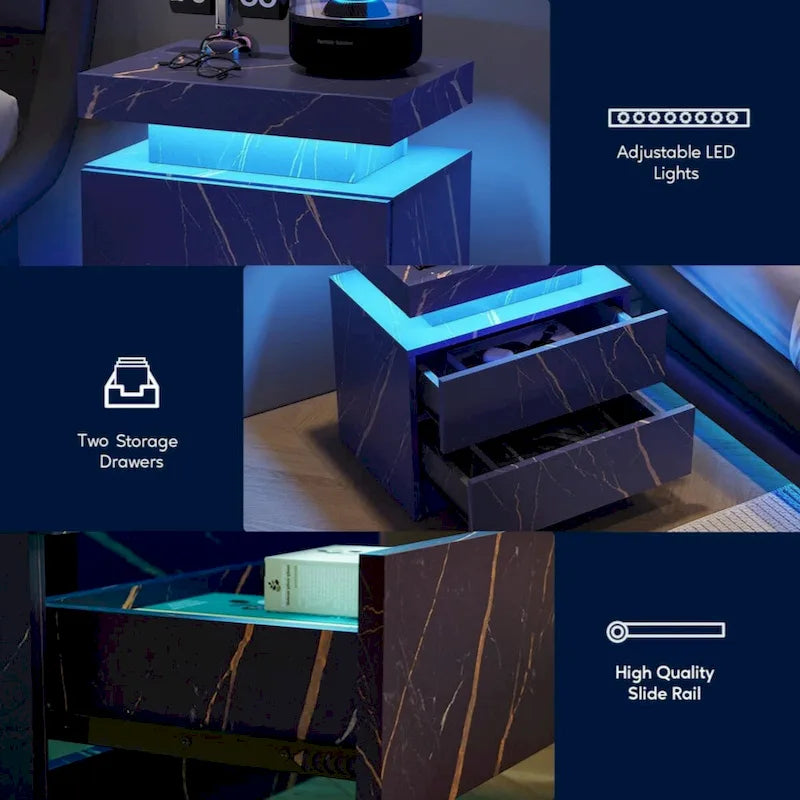 Table de chevet moderne avec éclairage LED et 2 tiroirs pour chambre à coucher