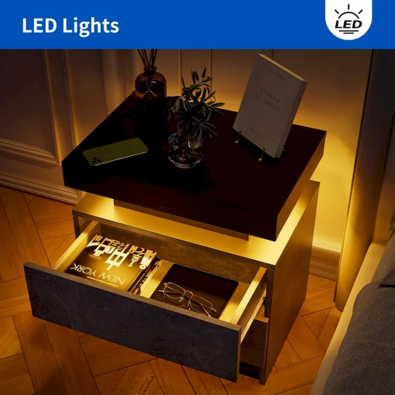 Table de chevet moderne avec éclairage LED et 2 tiroirs pour chambre à coucher