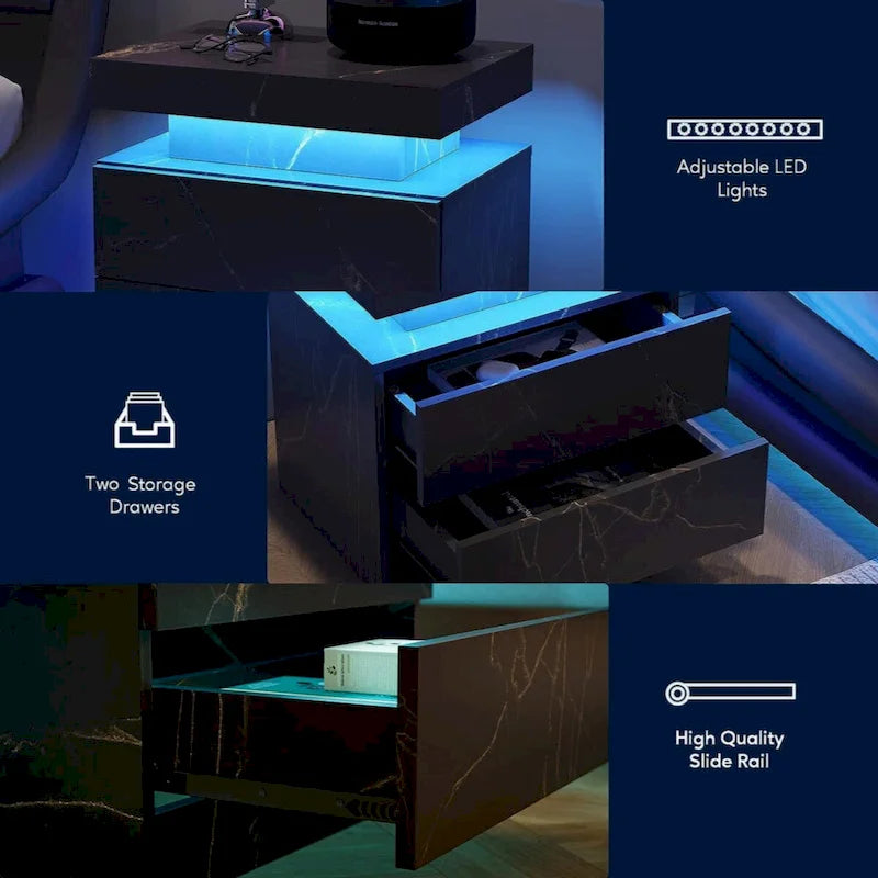 Table de chevet moderne avec éclairage LED et 2 tiroirs pour chambre à coucher