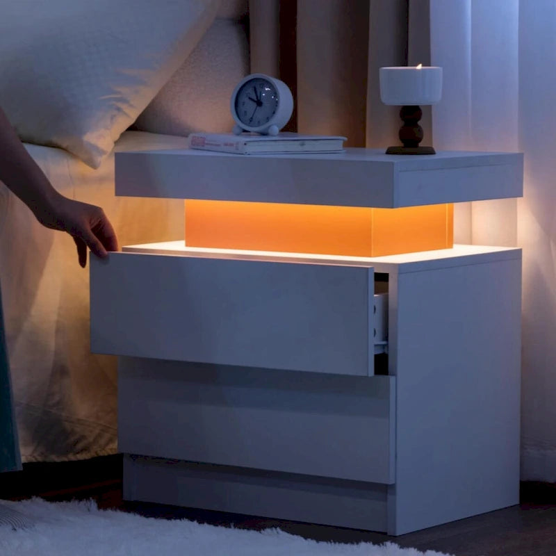 Table de chevet moderne avec éclairage LED et 2 tiroirs pour chambre à coucher
