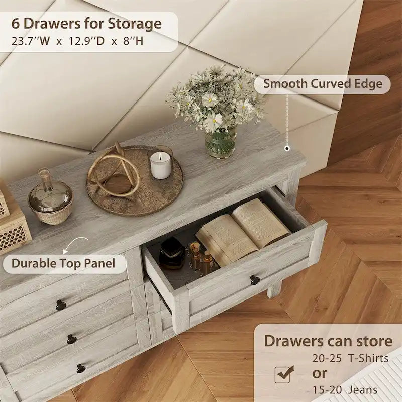 Commode en bois de style campagnard avec 6 tiroirs