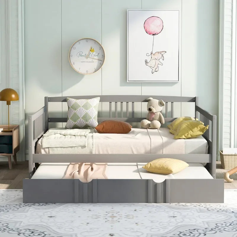 Lit de jour double en bois avec lit gigogne simple