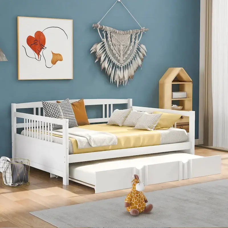 Lit de jour double en bois avec lit gigogne simple
