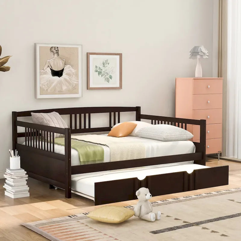 Lit de jour double en bois avec lit gigogne simple