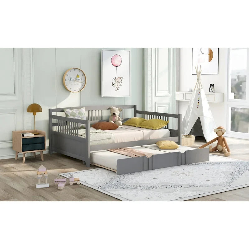 Lit de jour double en bois avec lit gigogne simple