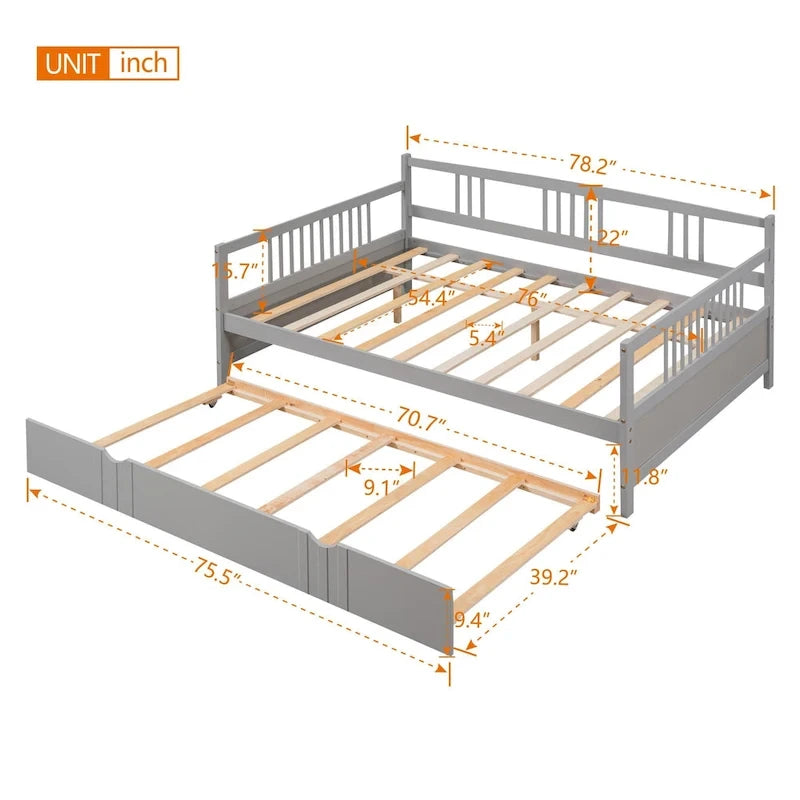 Lit de jour double en bois avec lit gigogne simple