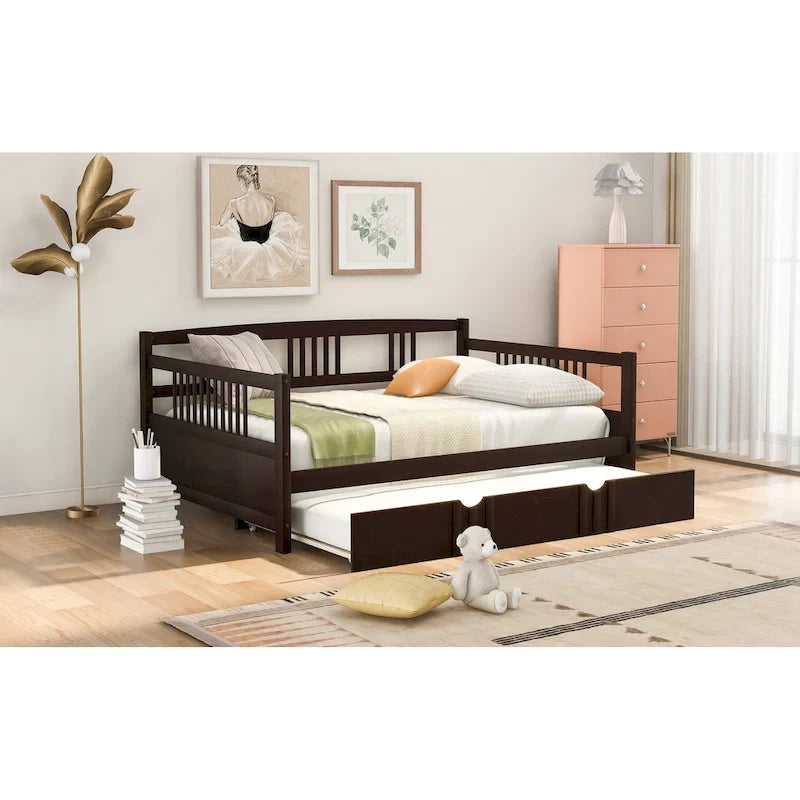 Lit de jour double en bois avec lit gigogne simple