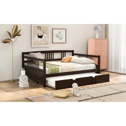 Lit de jour double en bois avec lit gigogne simple