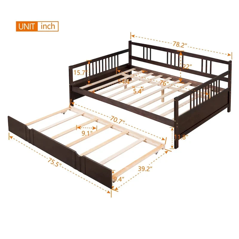Lit de jour double en bois avec lit gigogne simple