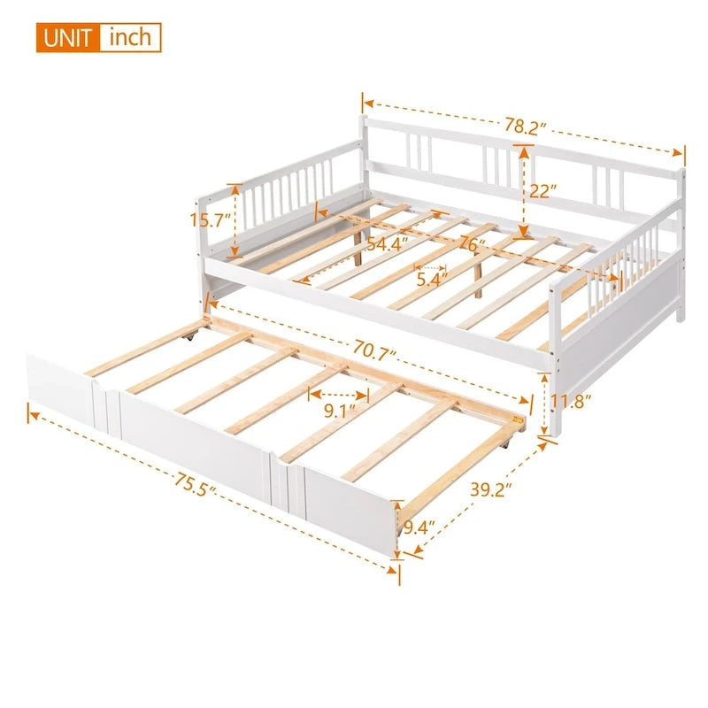 Lit de jour double en bois avec lit gigogne simple