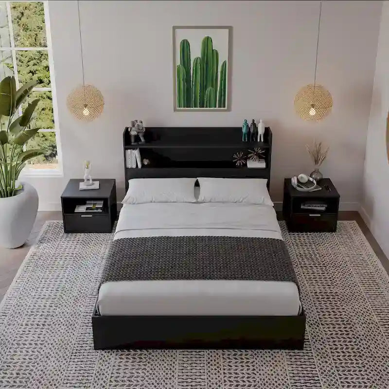 Lit plateforme Hunter avec tête de lit et 2 tables de chevet
