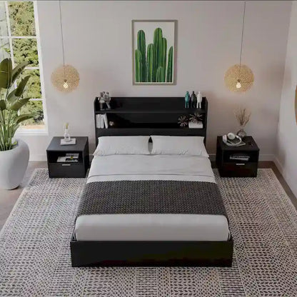 Lit plateforme Hunter avec tête de lit et 2 tables de chevet