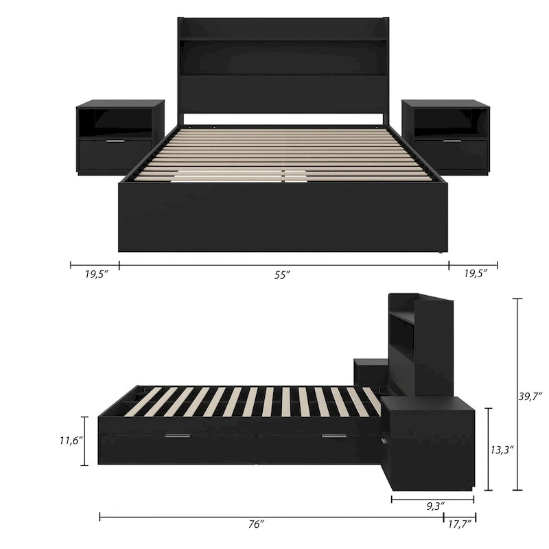 Lit plateforme Hunter avec tête de lit et 2 tables de chevet