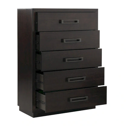 Ensemble de chambre parentale 6 pièces finition anthracite : lit, 2 tables de chevet, commode, miroir et chiffonnier.