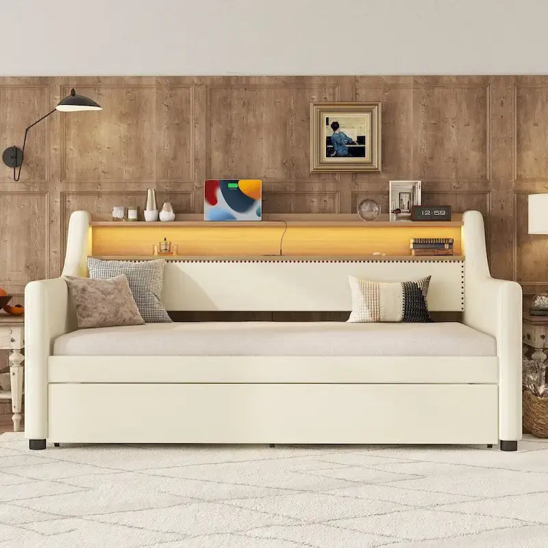 Lit de jour simple en cuir PU avec lit gigogne