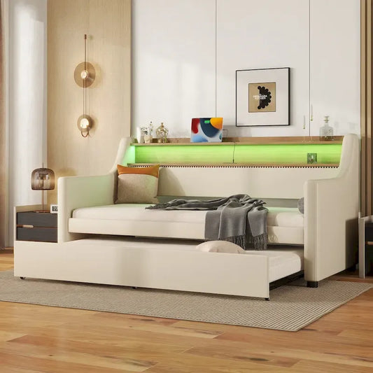 Lit de jour simple en cuir PU avec lit gigogne
