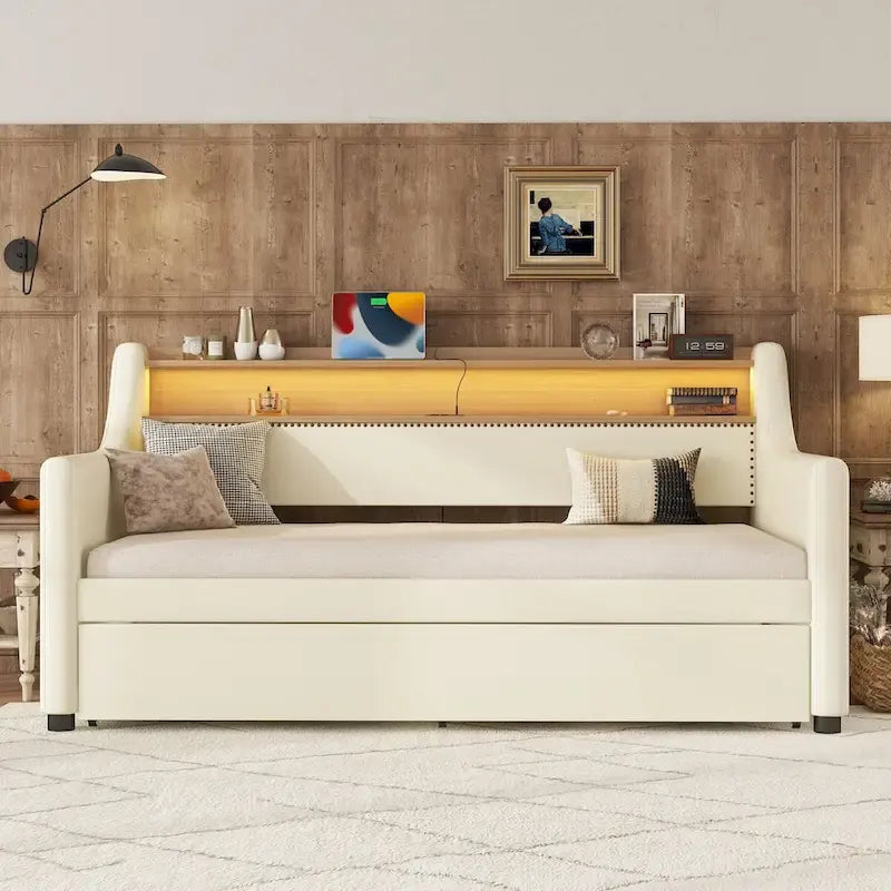 Lit de jour simple en cuir PU avec lit gigogne