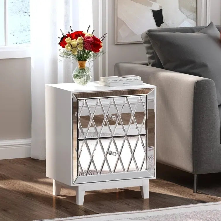Table de chevet à 2 tiroirs avec miroir