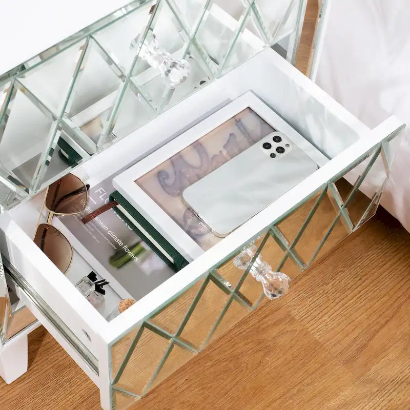 Table de chevet à 2 tiroirs avec miroir