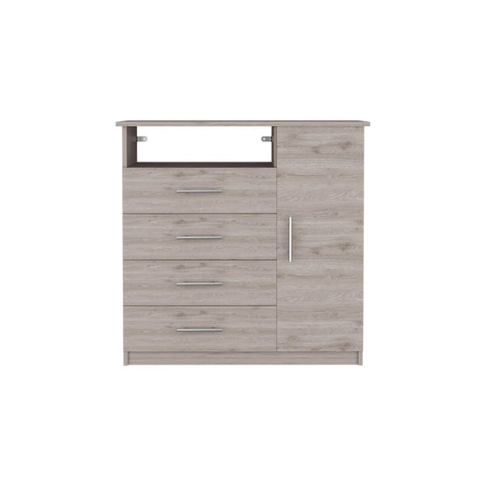 Commode à 4 tiroirs, meuble à une porte, une étagère ouverte, plateau supérieur