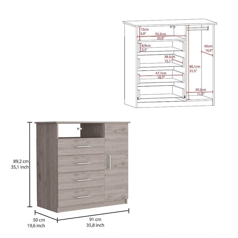 Commode à 4 tiroirs, meuble à une porte, une étagère ouverte, plateau supérieur