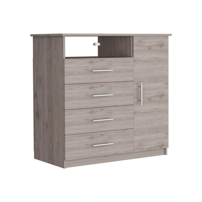 Commode à 4 tiroirs, meuble à une porte, une étagère ouverte, plateau supérieur