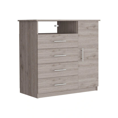 Commode à 4 tiroirs, meuble à une porte, une étagère ouverte, plateau supérieur