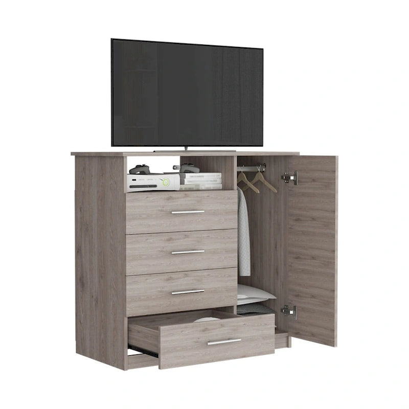 Commode à 4 tiroirs, meuble à une porte, une étagère ouverte, plateau supérieur