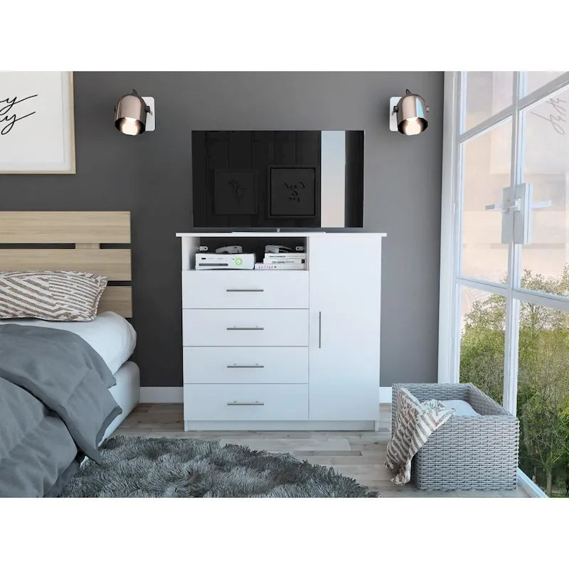 Commode à 4 tiroirs, meuble à une porte, une étagère ouverte, plateau supérieur