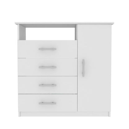 Commode à 4 tiroirs, meuble à une porte, une étagère ouverte, plateau supérieur