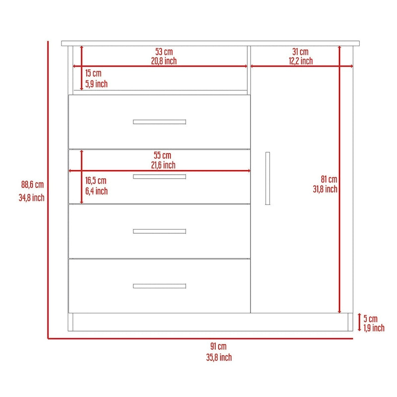 Commode à 4 tiroirs, meuble à une porte, une étagère ouverte, plateau supérieur
