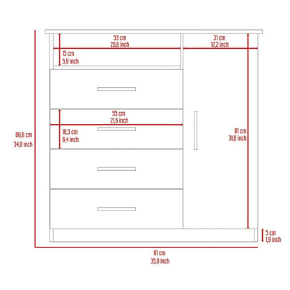 Commode à 4 tiroirs, meuble à une porte, une étagère ouverte, plateau supérieur
