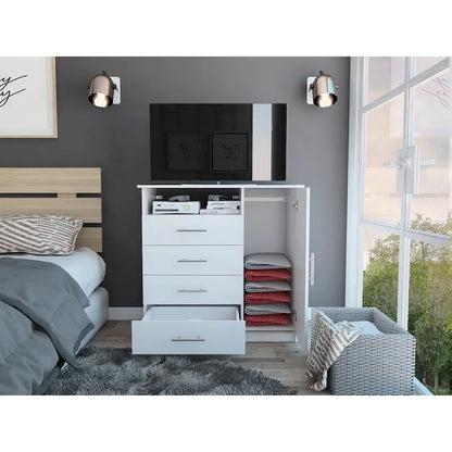 Commode à 4 tiroirs, meuble à une porte, une étagère ouverte, plateau supérieur