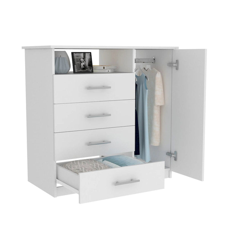 Commode à 4 tiroirs, meuble à une porte, une étagère ouverte, plateau supérieur