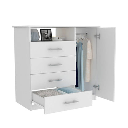 Commode à 4 tiroirs, meuble à une porte, une étagère ouverte, plateau supérieur