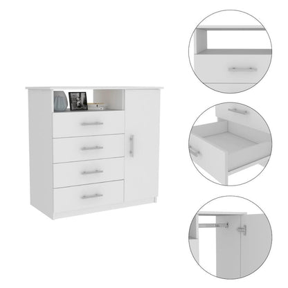 Commode à 4 tiroirs, meuble à une porte, une étagère ouverte, plateau supérieur