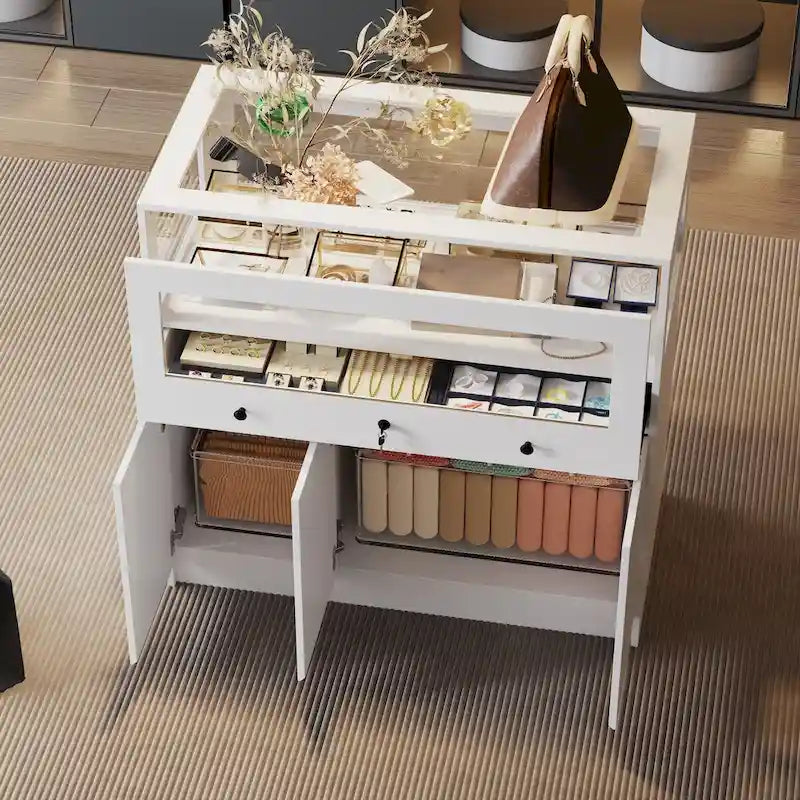 Vitrine à bijoux avec plateau en verre et commode de rangement sécurisée