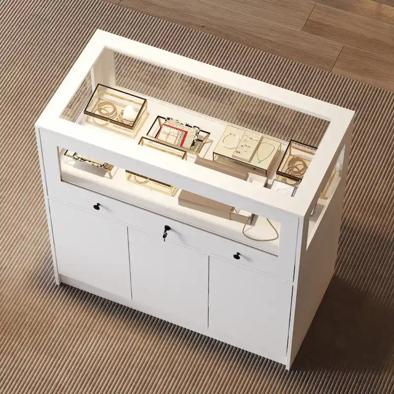 Vitrine à bijoux avec plateau en verre et commode de rangement sécurisée